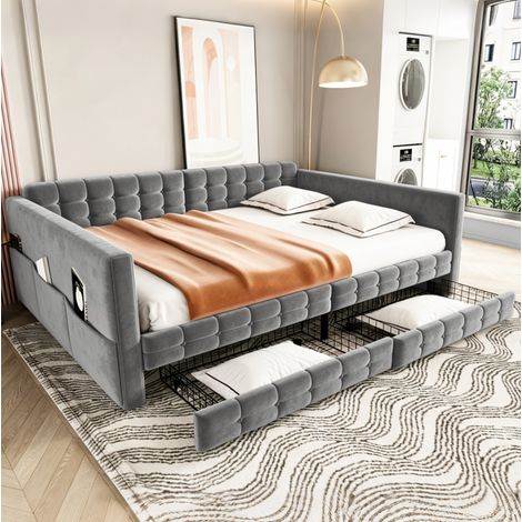 Letto imbottito 140x190 cm, cassetti, tasche laterali, motivo a quadri, velluto grigio (1/5)