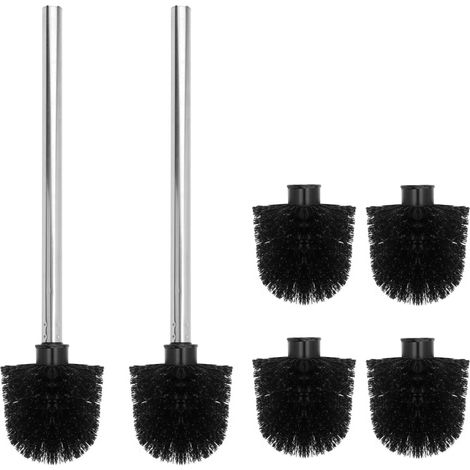 Lot de 8 brosses WC noires de 36 cm avec 6 têtes de rechange de 8 cm de diamètre et 2 supports en acier inoxydable, pour salle de bain, nettoyage hygiénique (1/5)