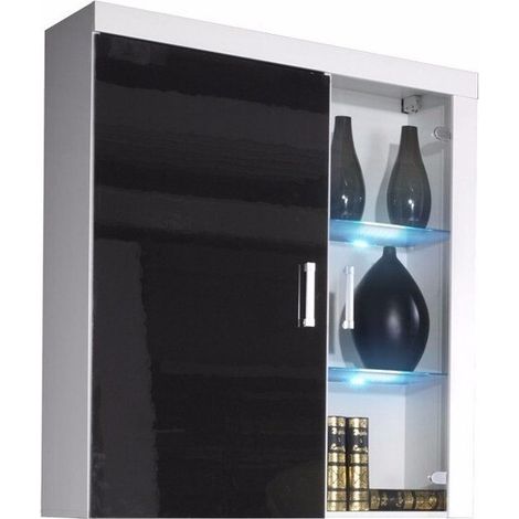 Armario de pared Odebeli 101, Blanco + Negro brillante, 111x90cm, Número de puertas: 235cm, MDF, Aglomerado laminado, Vidrio, LED