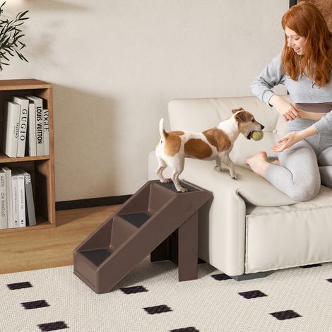Escalier pliant 3 marches antidérapant pour chien, rampe en plastique marron 53x30,5x36,5 cm (1/5)