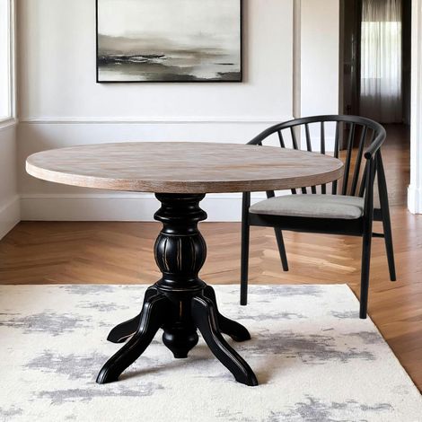 Table ronde en bois effet usé - pied noir ⌀120 cm TENA (1/3)