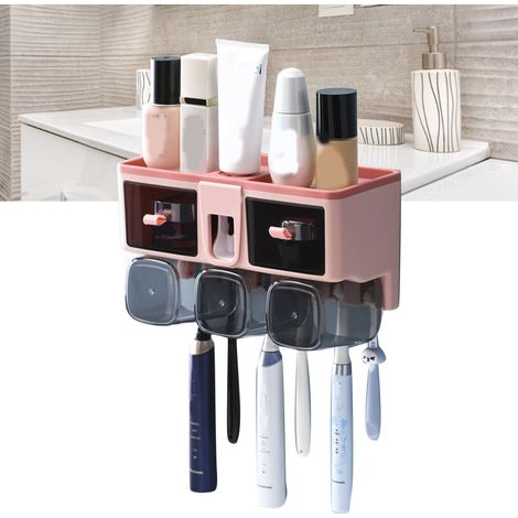 Étagère à brosses à dents murale sans perçage, porte-gobelets pour bain de bouche, support de rangement pour toilettes rose, 3 gobelets (1/5)
