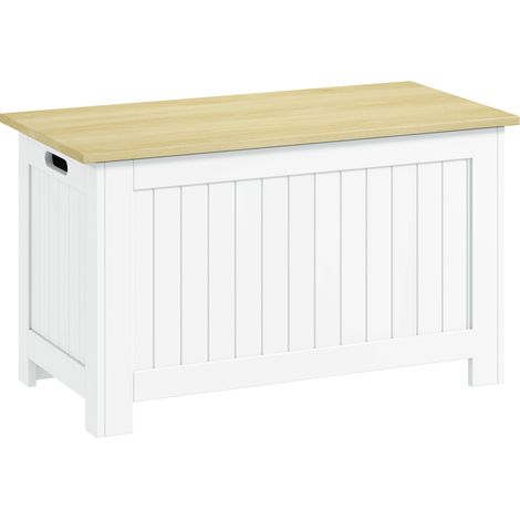 Coffre de rangement 90 L av. couvercle, coffre rangement polyvalent av. charnière de sécurité, 80,5 x 40 x 46,4 cm, naturel et blanc (1/5)