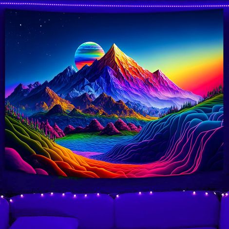 Bergmotiv, farbiger Schwarzlicht-Wandteppich, Wald, See, UV-reaktiv, 130 x 150 cm (1/4)