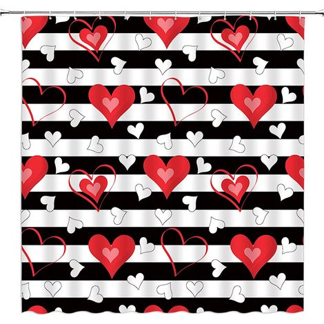 Rideau De Douche - Polyester - Motif Coeur Rouge Noir Blanc - 70 x 70 Pouces - Pour Salle De Bain - 1 Pièce (1/5)