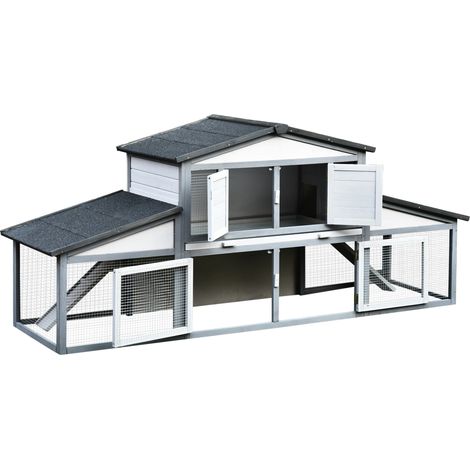 Cage à lapins extérieur 2-3 rongeurs bois métal grise blanche 225x70x100cm