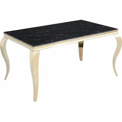 Homy France – Table de salle à manger baroque 4 à 6 couverts – Plateau en verre trempé effet marbre noir – Structure en acier inoxydable or – 150 x 90 cm (1/5)
