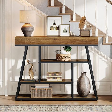 Tribesigns Konsolentisch Schmal, 4-stöckiger Eingangstisch, Sofatisch mit Stauraum Industrie Kompakter Flurtisch Hinter Couchtisch Für Wohnzimmer Foyer Flur, 105x30x85 cm Rustikal Braun