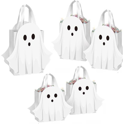 5 Sacs en Carton Blanc Thème Halloween Fantômes, Sachets de Bonbons pour Emballage Cadeau, Fêtes Enfants, Sacs Surprise pour Halloween et Cadeaux (1/5)