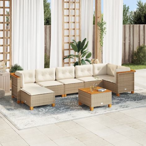 Ensemble Salon Jardin Résine Tressée 8 Places Beige avec Coussins Amovibles - Structure Acier et Plateau Acacia (1/5)