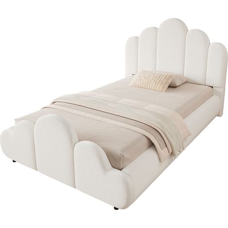 Kinderbett, Einzelbett 90 x 200 cm aus Bouclé mit Gepolstertem Kopfteil und Abgerundeten Ecken, ohne Matratze