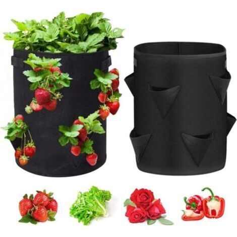 Lot de 2 sacs de culture pour fraises de 37,5 litres avec 8 poches latérales en tissu non tissé respirant avec poignée renforcée pour fraises, fleurs, herbes (noir),3545cm