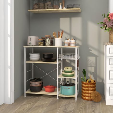 Mensola da cucina con 1 cestello, 4 ganci a S, 6 piedini regolabili e ripiani, 90x40x84,5 cm, rovere e bianco.