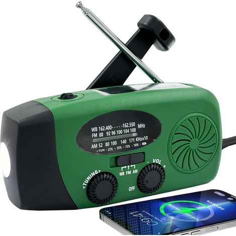 NOAA Solarbetriebenes AM/FM-Notfallradio mit Handkurbel – 2000 mAh LED-Taschenlampe – Ideal für Zuhause, Camping, Reisen und Notfälle (Grün)
