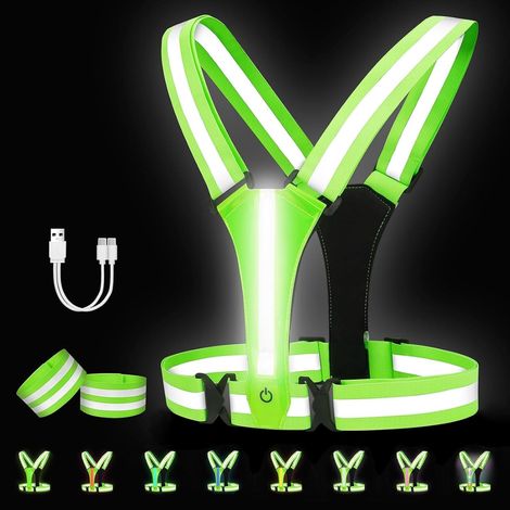 Gilet Réfléchissant Running, LED Sécurité Rechargeable USB, Gilet Vélo Réfléchissants Visibilité, Taille Réglable avec 2 Bracelets Réfléchissants, 8 Modes d'Éclairage pour Vélo, Moto, Vert (1/5)
