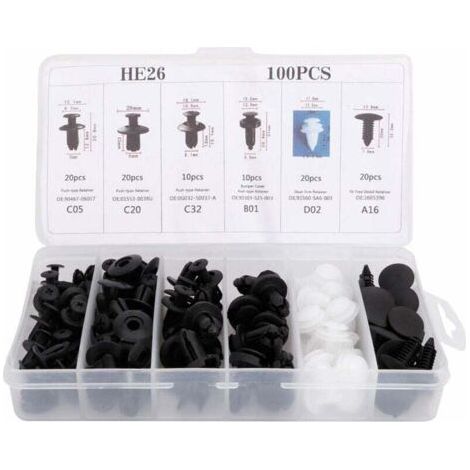 100 pièces Clip universel de garniture de porte, Kit de rivets poussoirs de voiture en plastique Clips de garniture de panneau de carte de porte Attache de fixation de pare-chocs,