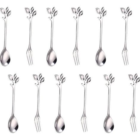 Juego de 12 cucharillas de acero inoxidable, 12 cm, Cuchara plateada, Tenedor plateado, 6 cucharas y 6 tenedores en total (1/5)
