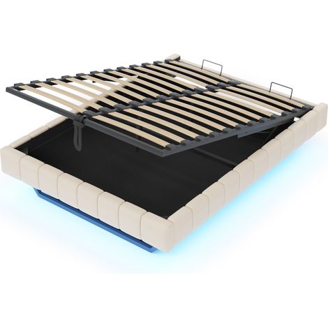 Cama tapizada 140x200 cm con almacenaje hidráulico y LED, beige, MODENUIT (1/5)