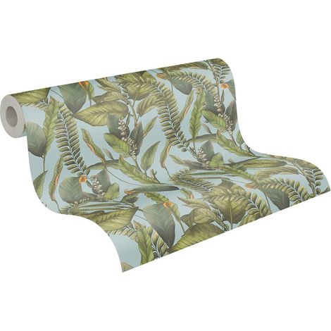 Papier peint nature Tapisserie à fleurs style tropical jungle Papier peint feuillage vert sur fond bleu clair idéal couloir et chambre (1/5)
