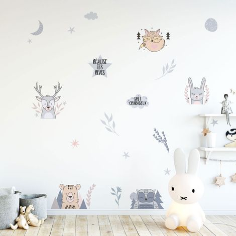 Stickers muraux Sticker Mural Autocollant - 5 ANIMAUX SCANDINAVES JOYEUX - adhésifs fond transparent - 90x115cm (1/5)