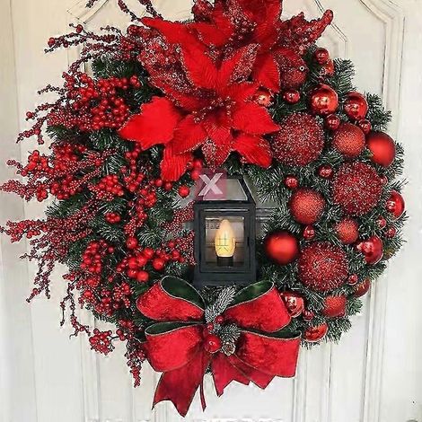 Couronnes de Noël, couronnes de porte de 45 cm avec lanterne, boules, baies et nœuds, guirlande de Noël artificielle pour décoration de porte d'entrée (rouge) (1/5)