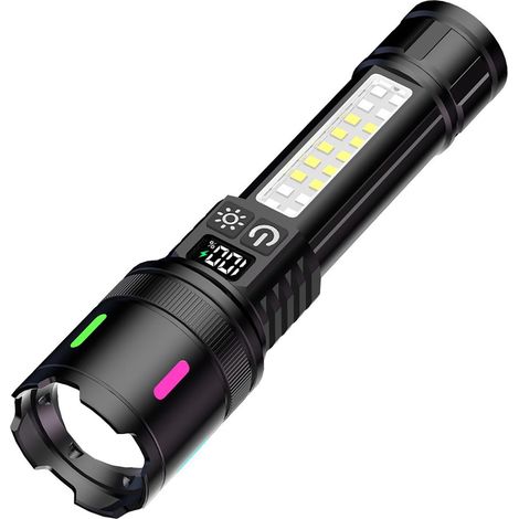 Lampe torche rechargeable zoomable LED avec lumière latérale COB  charge rapide USB, étanche IPX4, compacte (1/5)