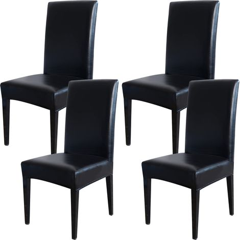 Housses de chaise de salle à manger, en cuir PU solide imperméable et résistant à l'huile, extensibles, protège-chaises de table (Noir, Lot de 4) (1/5)