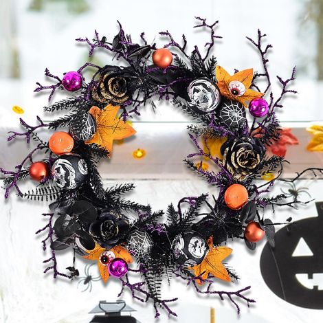 Couronne décorative d'Halloween éléments de en feuille d'érable suspension porte vigne pour les fêtes d'horreur 45 cm Rose (1/5)
