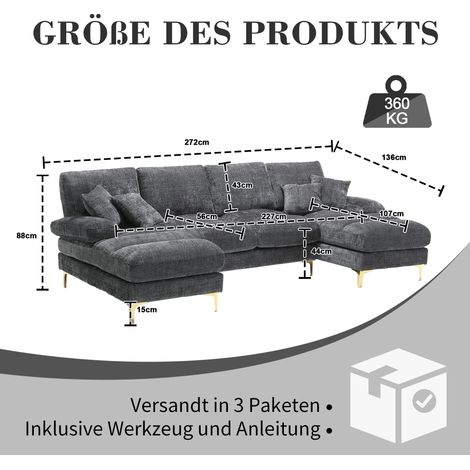 Grand canapé sectionnel U moderne en chenille avec sièges inclinables doubles,pour salon,chambre,bureau,appartement et villa-Rn