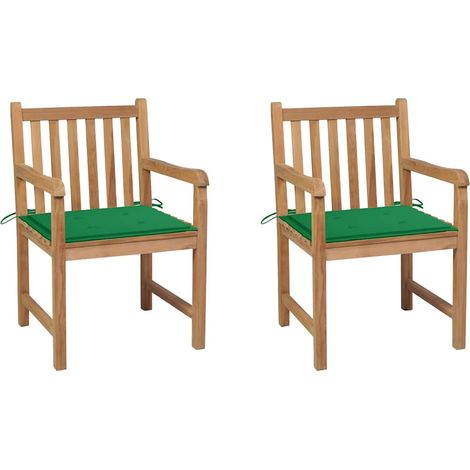 vidaXL Sillas de jardín 2 uds madera maciza de teca con cojines verdes (1/5)