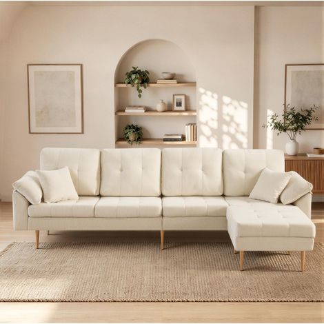 Sofá modular de 4 plazas 250 cm en pana beige claro con puf para salón - CHICFURN (1/5)
