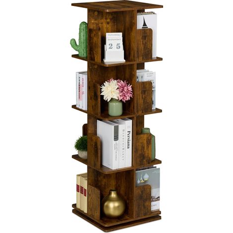 Relaxdays Bücherregal, 360 Grad drehbar, 4 Ebenen, Industrial Design, HxBxT: 125,5x39x39 cm, Wohnzimmer Drehregal, braun