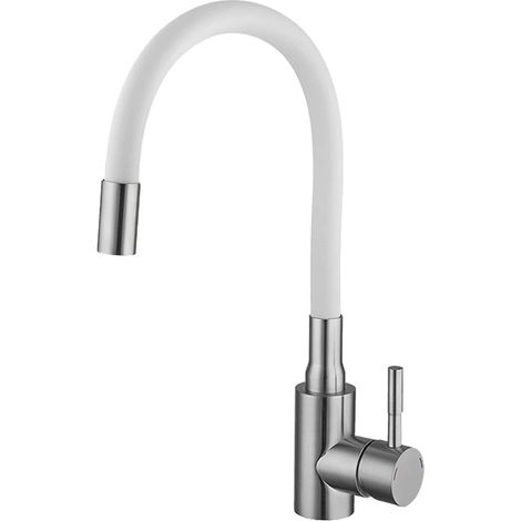 Robinet de Cuisine Flexible Bec Haut Orientable Librement Mitigeur Évier et Evier Monotrou à Eau Chaude Froide Laiton Blanc (1/4)