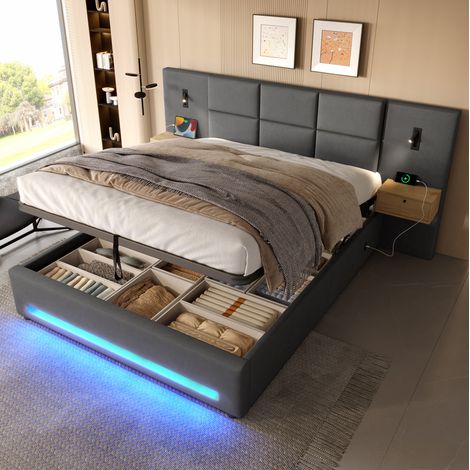 Lit rembourré moderne en velours gris foncé 180x200 cm avec tête de lit rangement, USB-C, LED et coffre hydraulique (1/5)