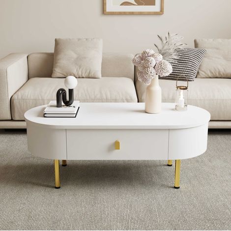 Tavolino da salotto in MDF bianco 108 cm con 2 cassetti e gambe dorate (1/5)