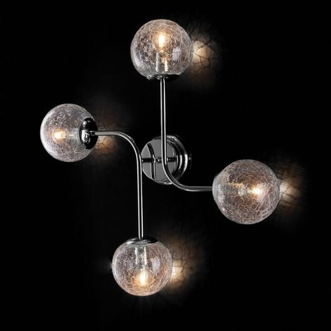 Lámpara de techo de hierro cromado pulido de 4 luces con esferas de vidrio soplado crujientes transparentes