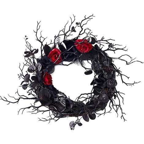Ein gotischer Halloween-Kranz, verziert mit künstlichen Rosen, vielseitig einsetzbar und perfekt zur Dekoration.