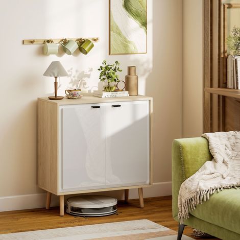 Buffet à haute brillance. meuble de rangement avec double porte. étagère réglable. 72 x 35 x 77 cm. blanc et chêne