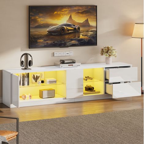 meuble tv rangement led 160 cm 2 tiroirs blanc mdf OKMYHOME (1/5)