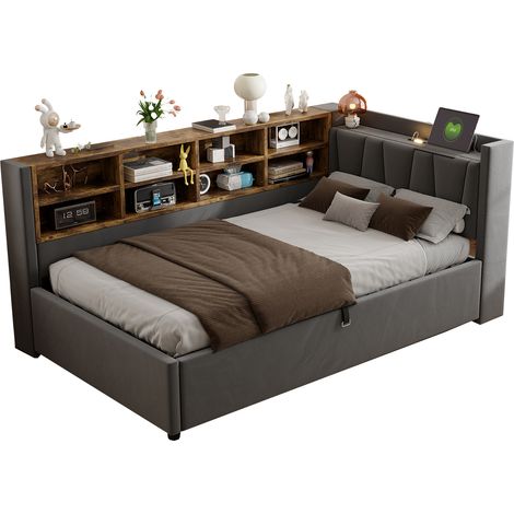 Lit capitonné canapé-lit 90x200 cm, coffre hydraulique, veilleuse, USB Type-C, rangements, tête rembourrée, multifonction, velours gris foncé, matelas non inclus (1/5)