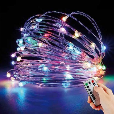 Catena 100 led da 10mt su filo rame a batteria luce multicolore con telecomando (1/5)