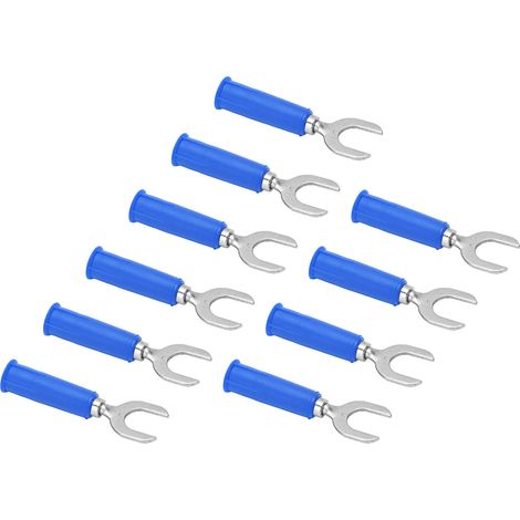 Lot de 10 fiches bananes/bornes en forme de fourche et de pelle, finition laiton PVC, diamètre du trou de 4 mm/0,2 pouce, fiches électriques en forme de U de 8 mm/0,3 pouce, bleues. (1/5)