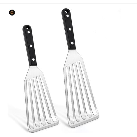 Lot de 2 spatules à poisson en acier inoxydable (28 cm et 32 cm) – Spatules à trous avec manche noir, durables pour le poisson, la viande et les grillades (1/5)