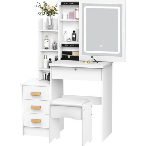 FIANAO – Schminktisch – Frisiertisch – mit Schiebespiegel und Beleuchtung, Schubladen, Regalen & verstecktem Stauraum – für Schlafzimmer – Maße: 80 × 37 × 132 cm – Weiß (1/5)