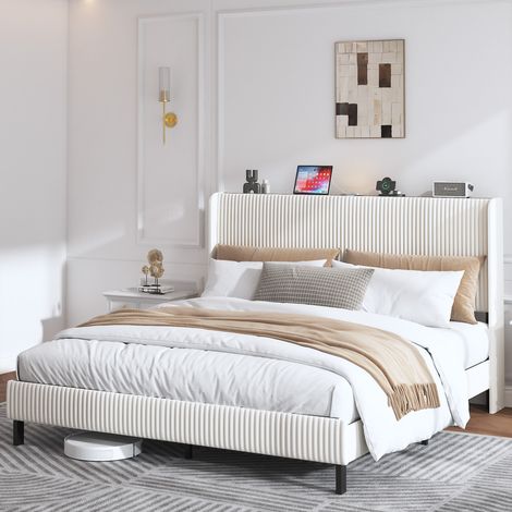Letto matrimoniale 180x200cm Letto per adulti con struttura in ferro e testiera alta Ricarica USB e piccolo LED Stile moderno minimalista Beige (1/5)