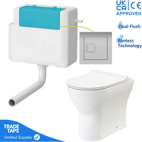 Rimless Back to Wall Toilet BTW Pan Soft Close WC Concealed Cistern Flush - Chrome Square