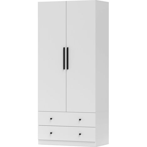 Kleiderschrank Mehrzweckschrank 2-türig mit Kleiderstange und 2 Schubladen Garderobenschrank für Schlafzimmer 79 x 43 x 180 cm Weiß Aosom