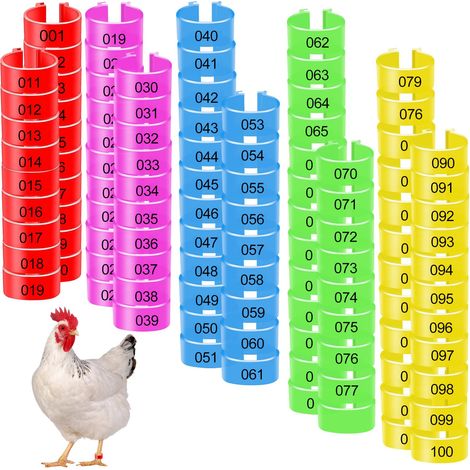 100 bagues d'identification pour volaille, 20 mm, bagues multicolores pour poulets, bagues d'identification numérotées à clip pour poulets, oies, canards et animaux de ferme (1/5)