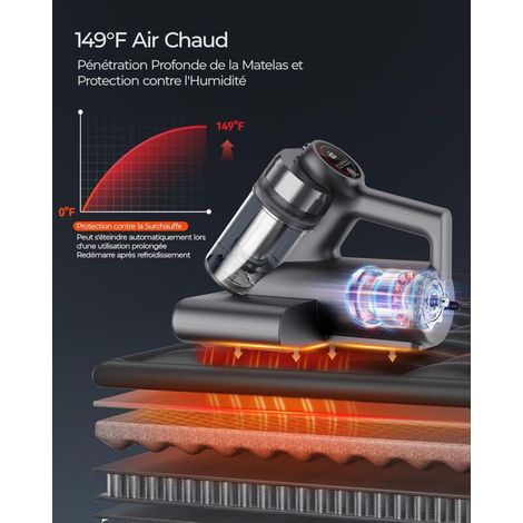 Aspirapolvere antiacaro per materassi, 2 velocità (14 kPa/18 kPa), aspirapolvere portatile con rilevamento della polvere tramite luce verde, luce UV-C, schermo LED, filtro HEPA, temperatura di 65°C pe (1/4)