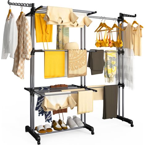 VOUNOT® Tendedero Vertical Plegable Extensible 4 Niveles 190x64x170cm Tendedores Ropa Tipo Torre 2 en 1 Secadora Multifunción con Ruedas, Negro-Gris (1/5)